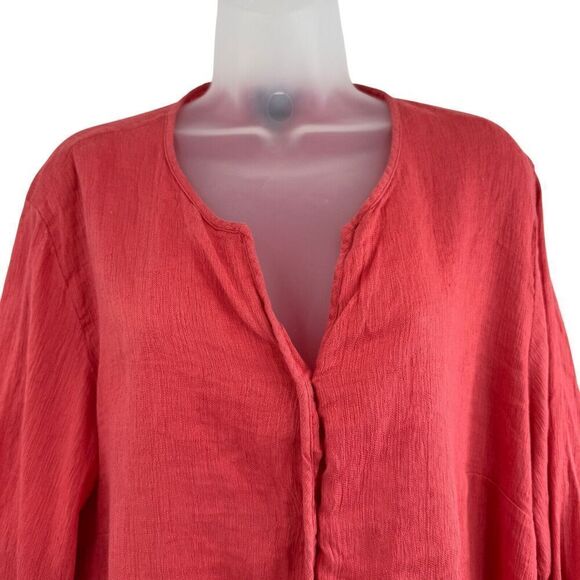 Eileen Fisher System Size 2X Collarless Button Shirt Coral Red Boxy Linen Cotton - Picture 5 of 11